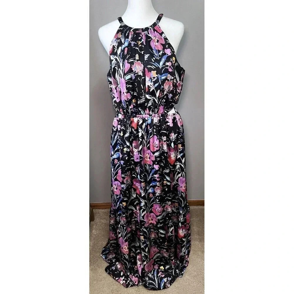 Black Floral Halter Maxi Dress with Pink Accents